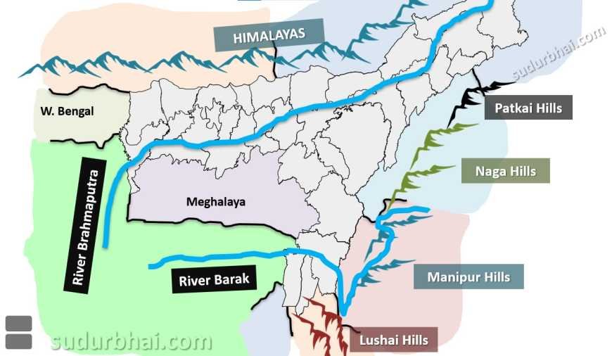 Assam Physiographic boundaries - Patkai hills, Naga Hills, Manipur Hills, Lushai Hills | sudurbhai.com