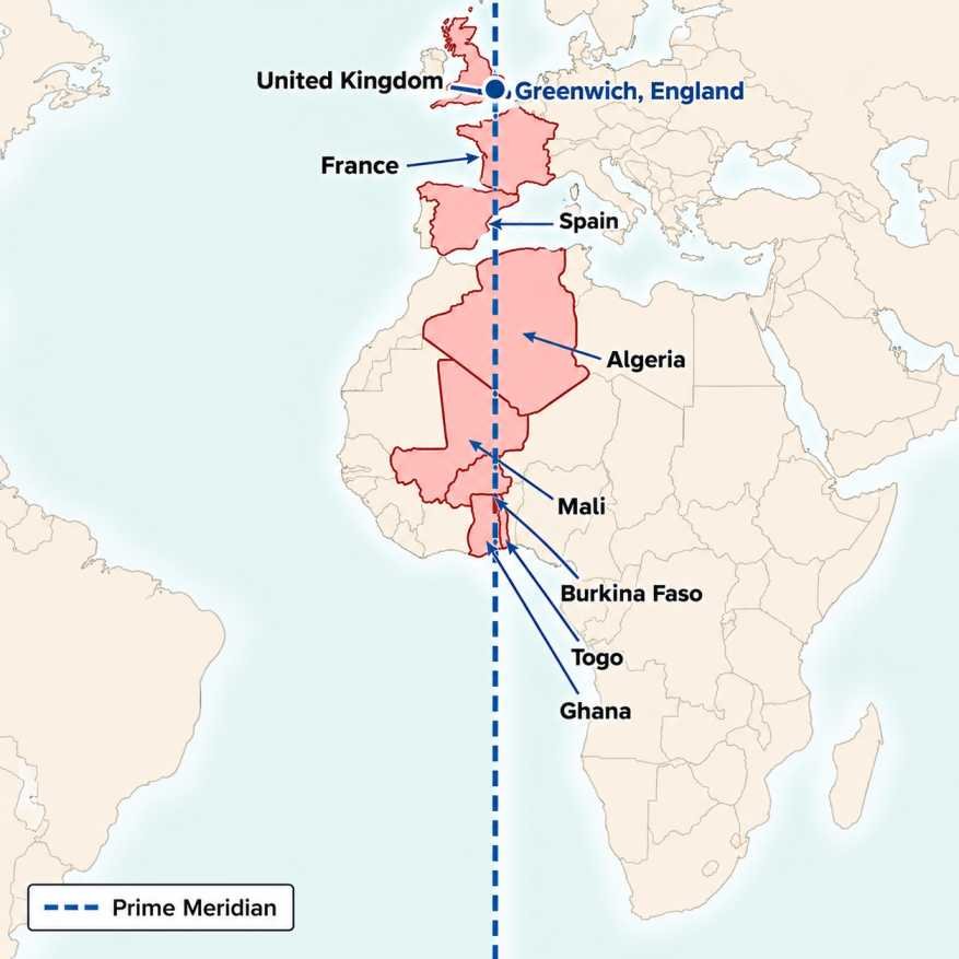 Countries passing through prime meridian