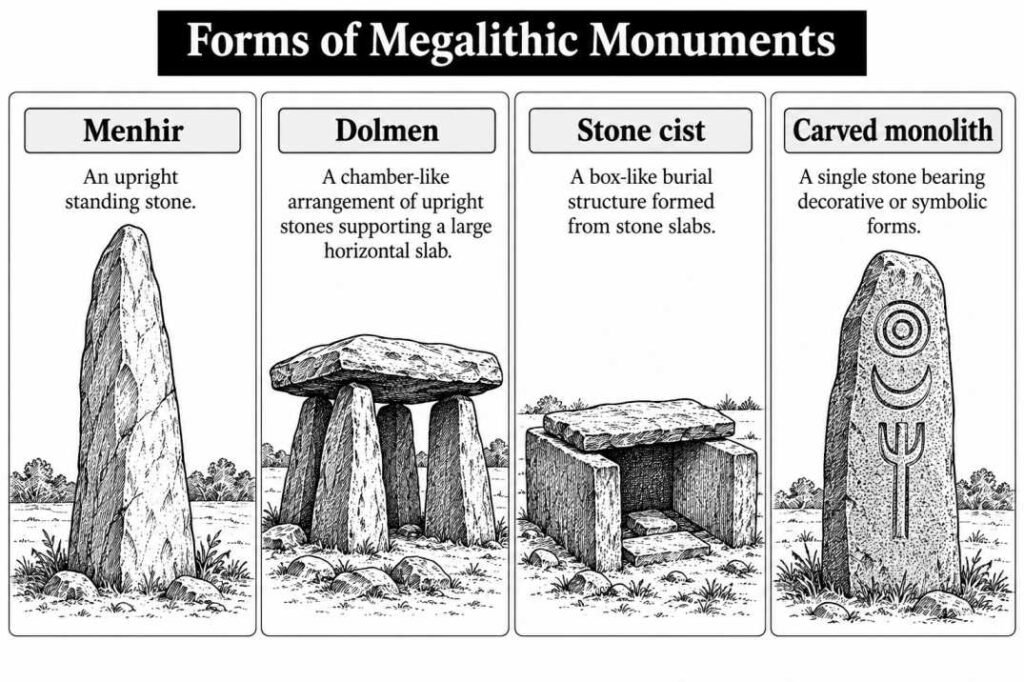 Menhir, Dolmen, Stone cist, Carved monolith