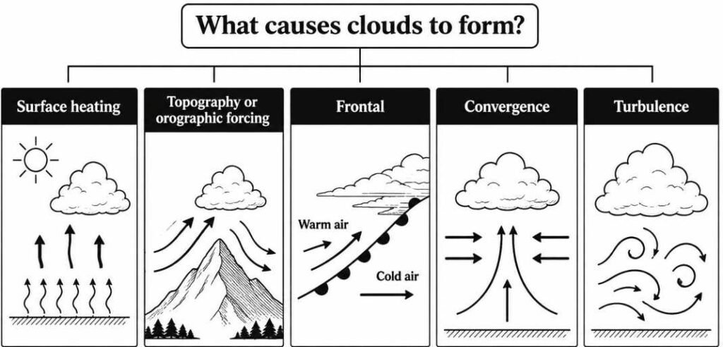 clouds formation - Surface heating , Topography or orographic forcing, Frontal , Convergence ,Turbulence